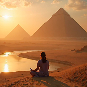 Bein travels: Woman meditating in the Zahara Desert, in the background you can see the Nile River and the Egyptian pyramids.